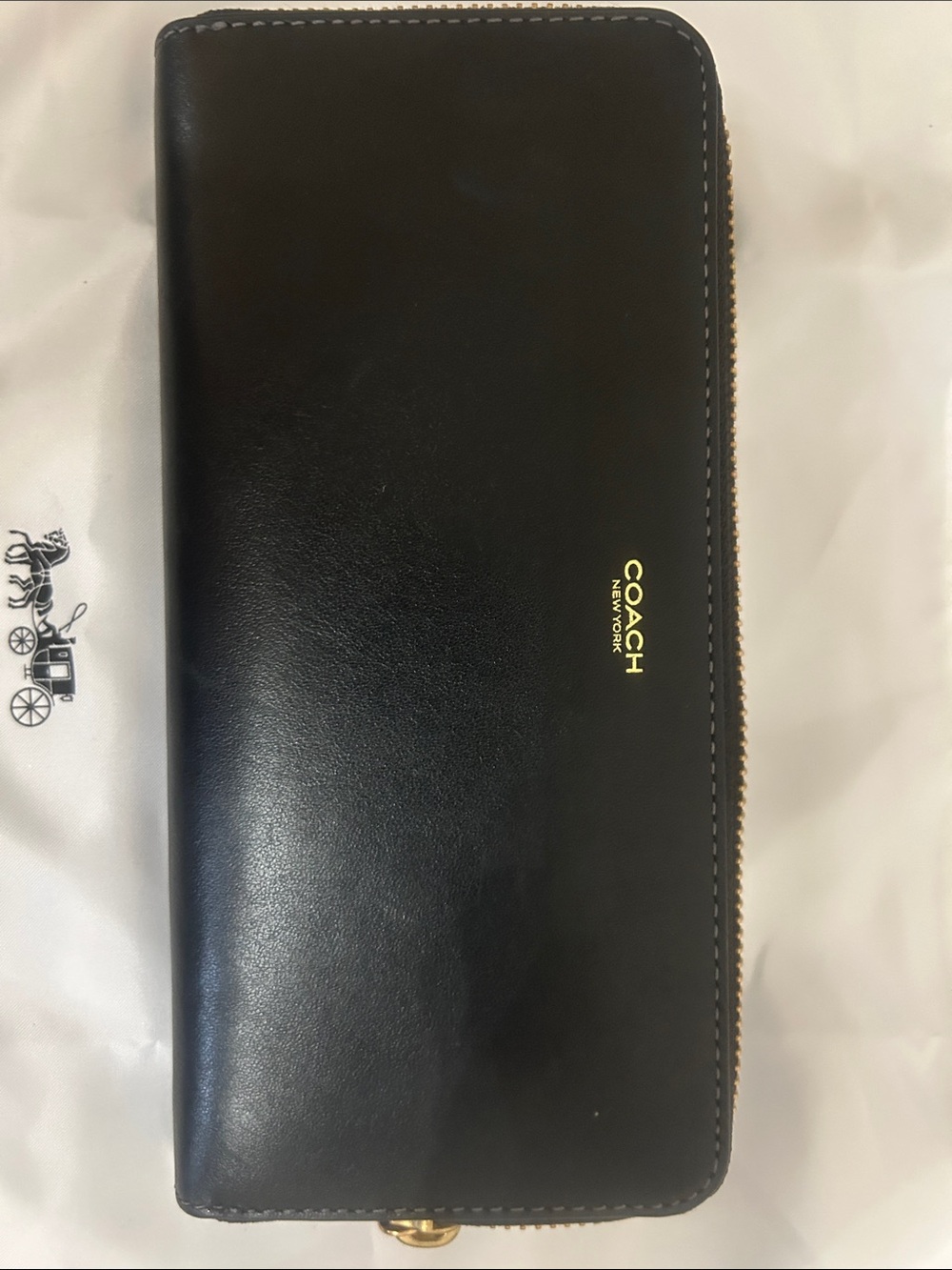 COACH Black Leather Zip Around Wallet with Gold Logo